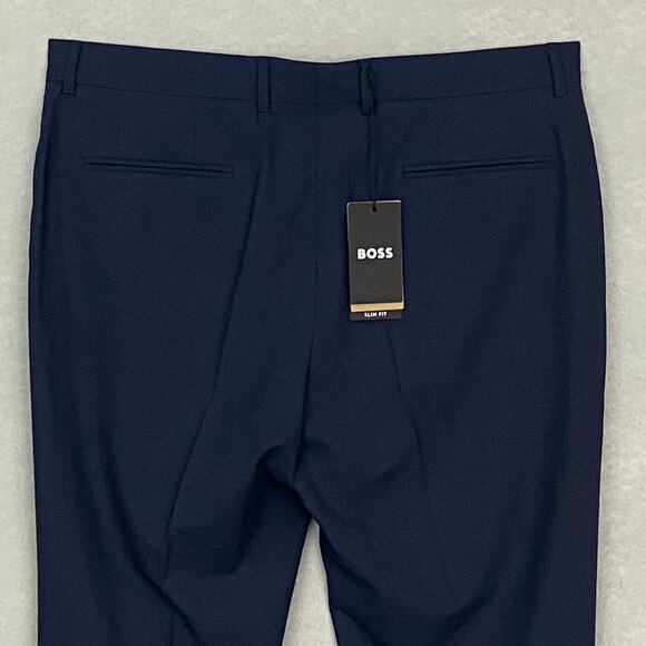 Boss Men's 38x33 Slim Fit Dress Pants Dark Blue Wool Blend Raw Hem Stretch NEW - Picture 8 of 12